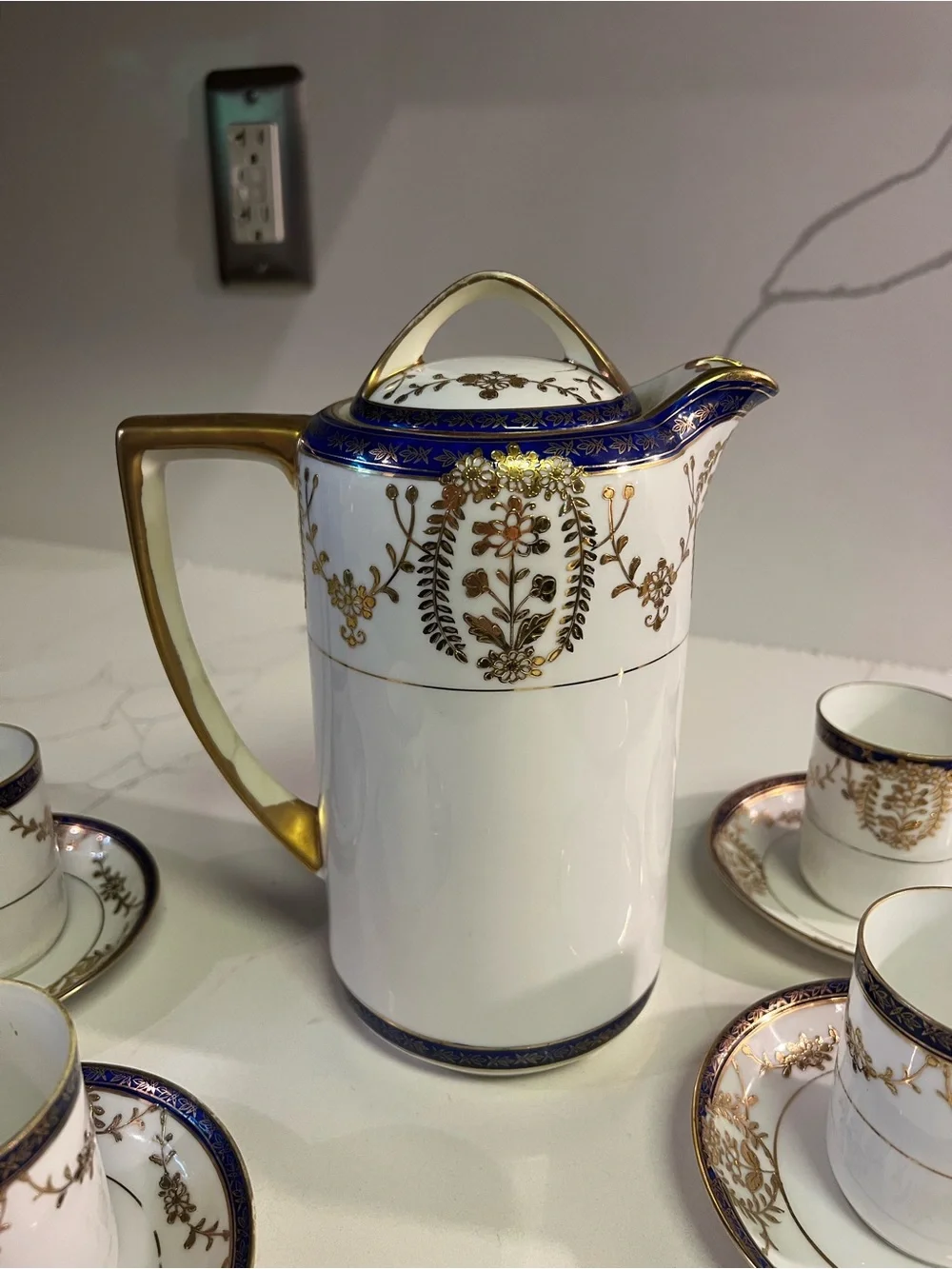 Elegant White Porcelain Coffee/Tea Set with Dark Blue and Gold Trim